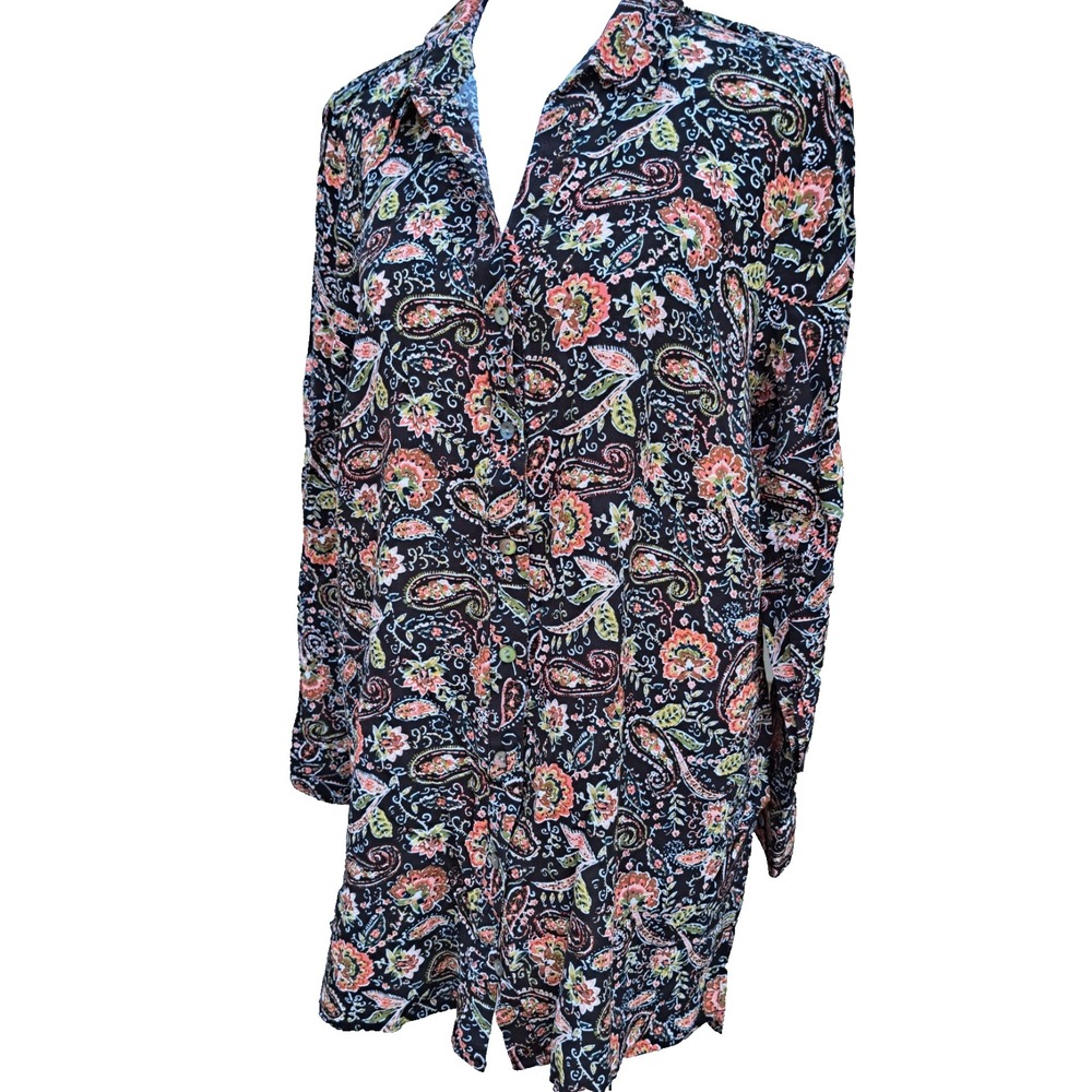 J Jill Womens PM Petite Medium Floral Button Up Rayon Tunic Blouse Top Pockets